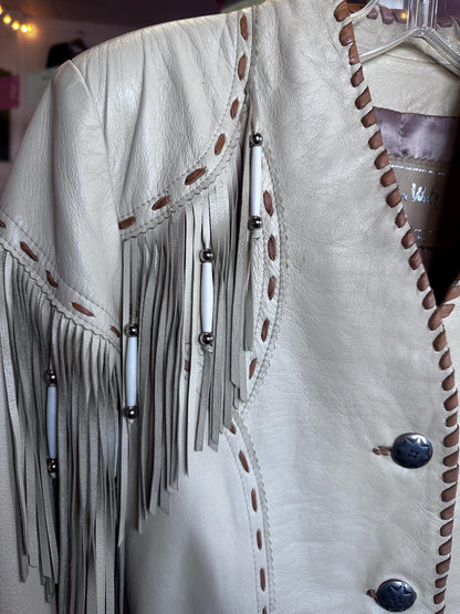 1990s Patricia Wolf Fringe Leather Blonde White Jacket Size Small