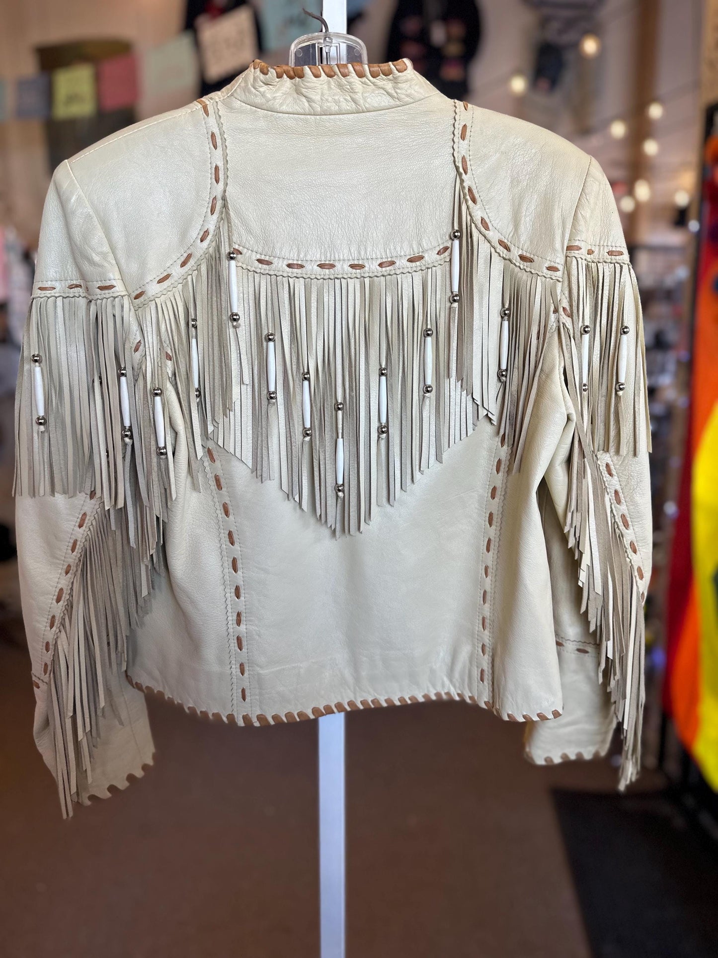 1990s Patricia Wolf Fringe Leather Blonde White Jacket Size Small