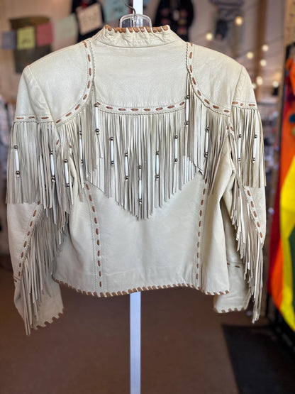 1990s Patricia Wolf Fringe Leather Blonde White Jacket Size Small