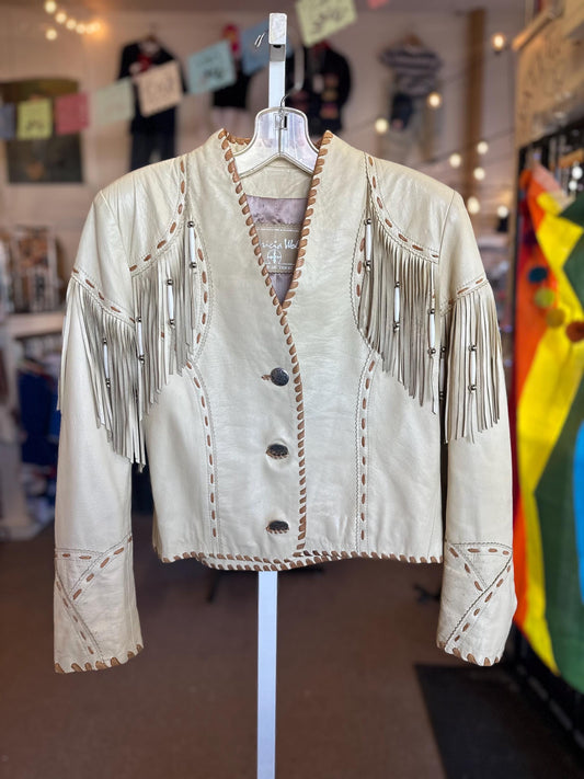1990s Patricia Wolf Fringe Leather Blonde White Jacket Size Small