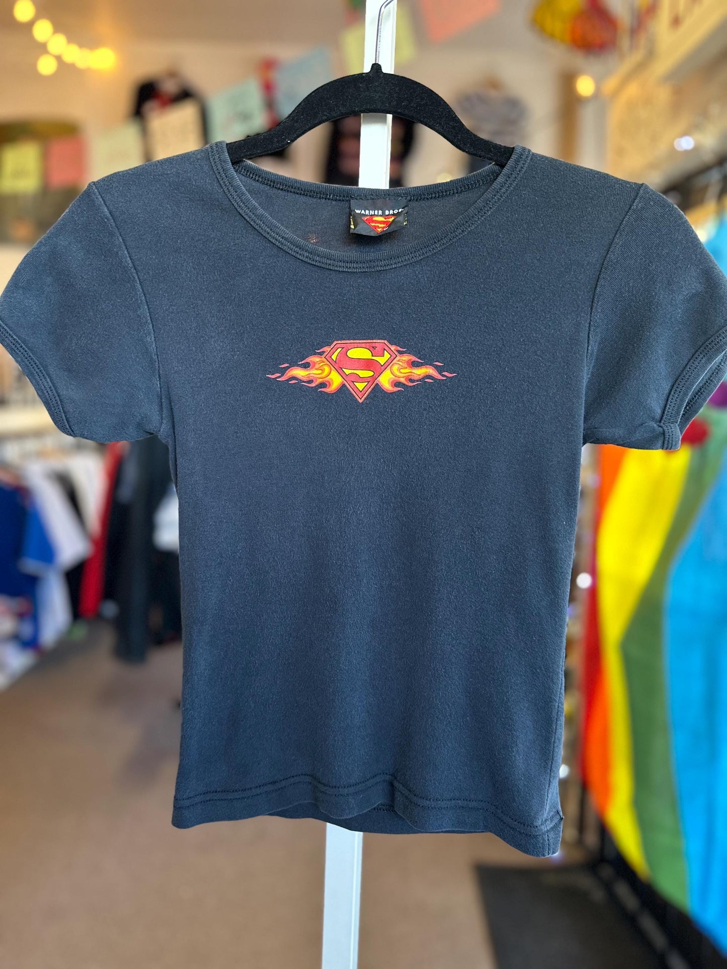 1990's Vintage Baby Tee XS Superman Flame Shirt