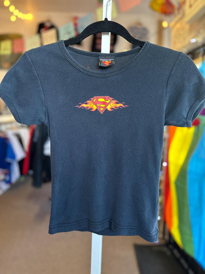 1990's Vintage Baby Tee XS Superman Flame Shirt