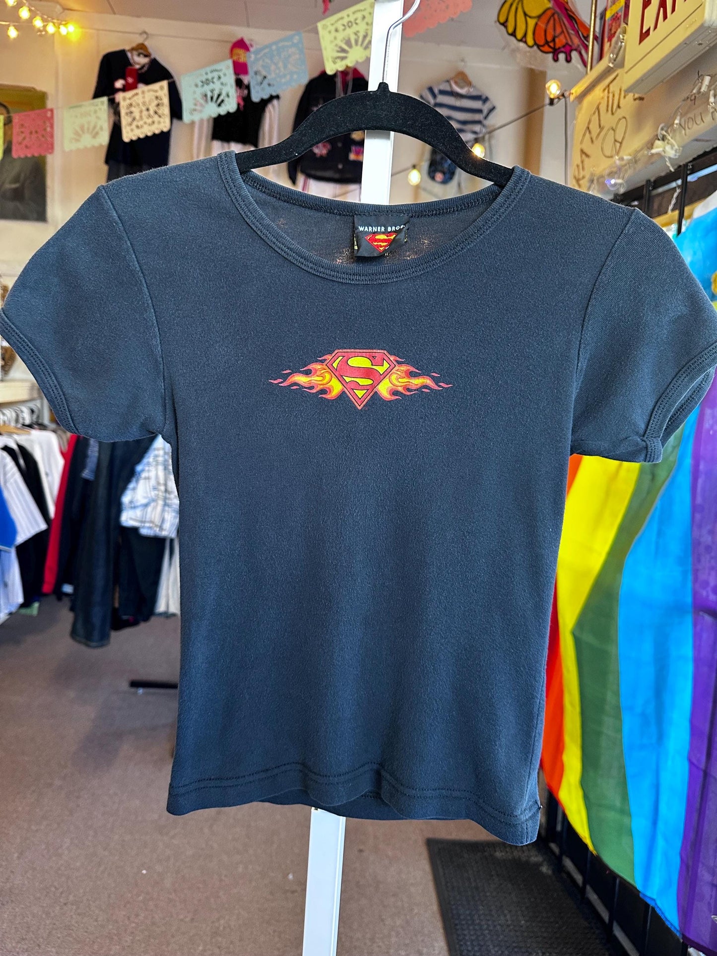 1990's Vintage Baby Tee XS Superman Flame Shirt