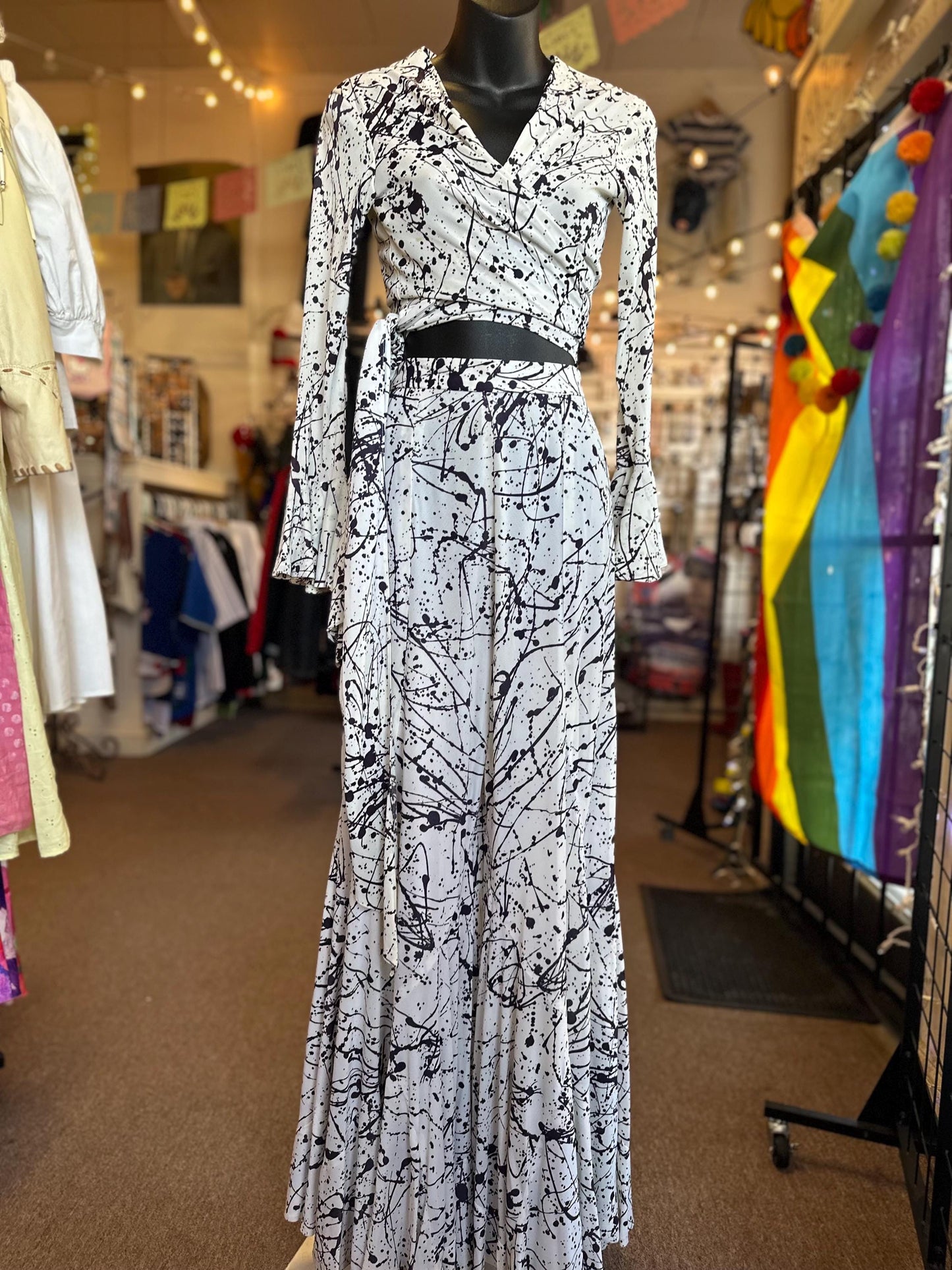 Vintage 1970's Jack Hartley of Miami Two Piece Disco Bell Bottom Ink Splatter Halter Jumpsuit XS.