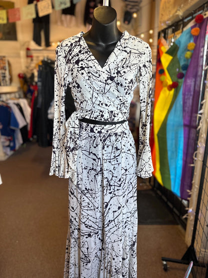 Vintage 1970's Jack Hartley of Miami Two Piece Disco Bell Bottom Ink Splatter Halter Jumpsuit XS.