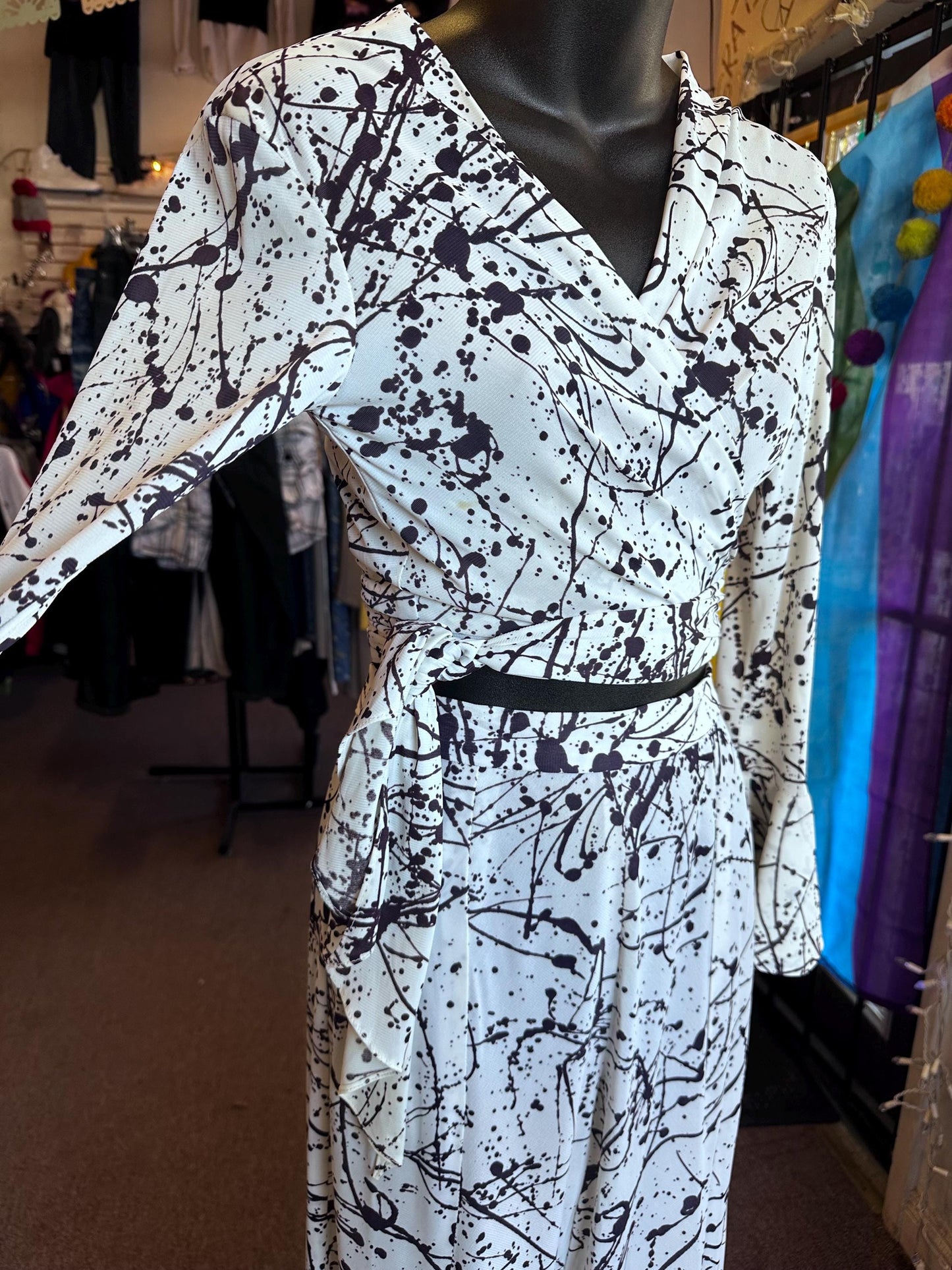 Vintage 1970's Jack Hartley of Miami Two Piece Disco Bell Bottom Ink Splatter Halter Jumpsuit XS.