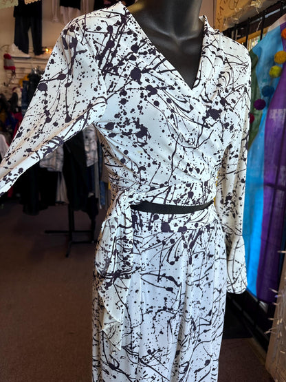 Vintage 1970's Jack Hartley of Miami Two Piece Disco Bell Bottom Ink Splatter Halter Jumpsuit XS.