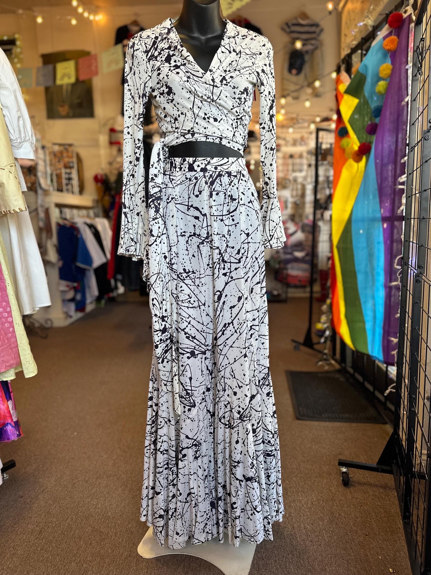 Vintage 1970's Jack Hartley of Miami Two Piece Disco Bell Bottom Ink Splatter Halter Jumpsuit XS.