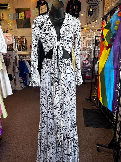 Vintage 1970's Jack Hartley of Miami Two Piece Disco Bell Bottom Ink Splatter Halter Jumpsuit XS.