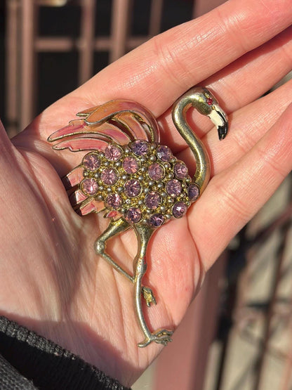 Vintage 1940's or Earlier Flamingo Rhinestone Handpainted Trefari Inspired Brooch or Pin