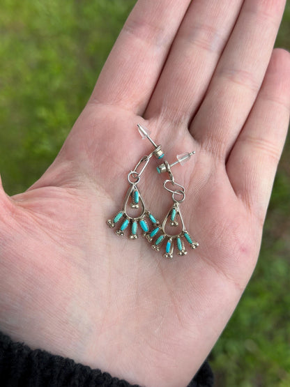 Zuni Native American Needlpoint Handmade Silver and Turquoise Petite Earrings