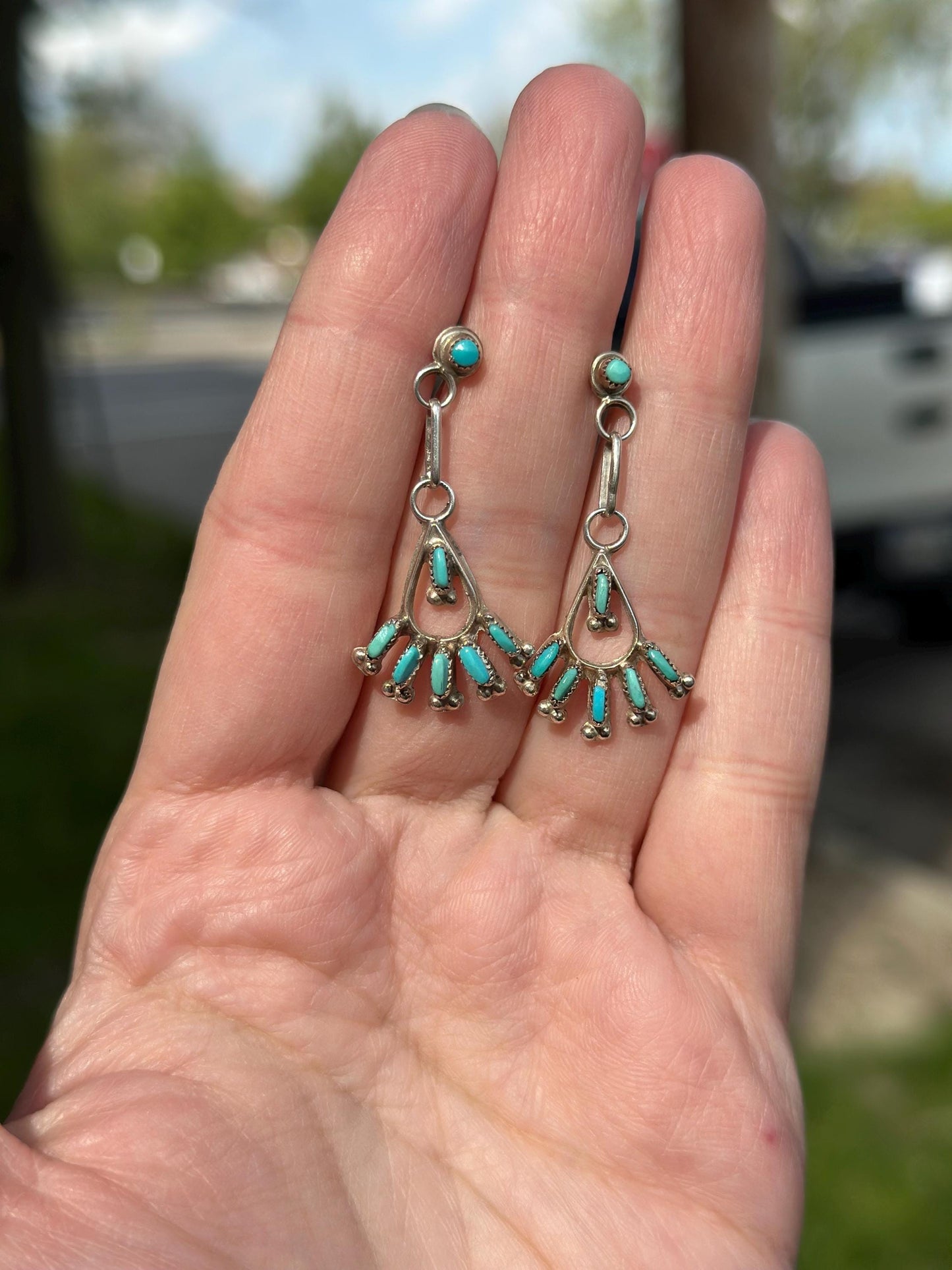 Zuni Native American Needlpoint Handmade Silver and Turquoise Petite Earrings
