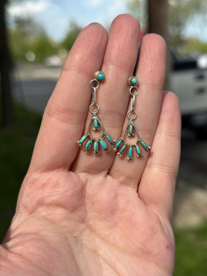 Zuni Native American Needlpoint Handmade Silver and Turquoise Petite Earrings