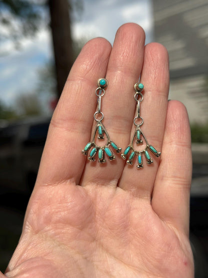 Zuni Native American Needlpoint Handmade Silver and Turquoise Petite Earrings