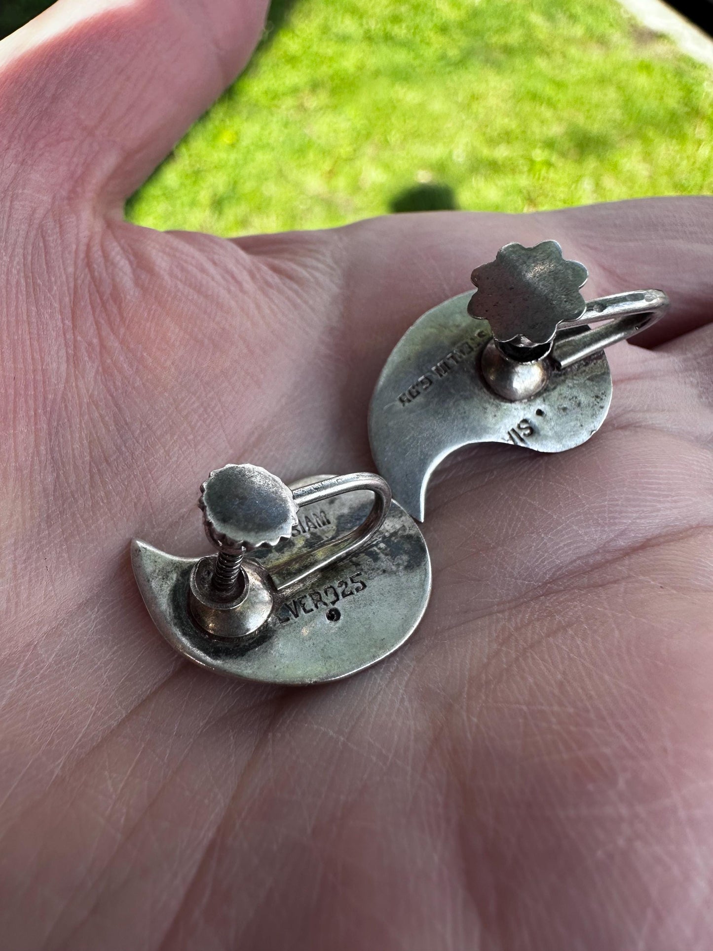 Vintage Siam Goddess Sterling Silver Screwback Clip On Thai Earrings