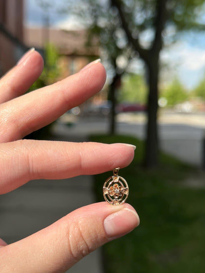 Vintage 1950's Floral Rosy Gold 14K Diamond Dainty Pendant