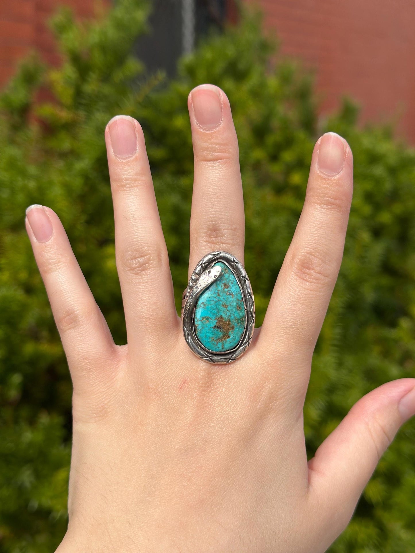 Vintage Navajo Snake Sterling Silver Huge Raw Turqouise and Sterling Silver Size 8 Ring