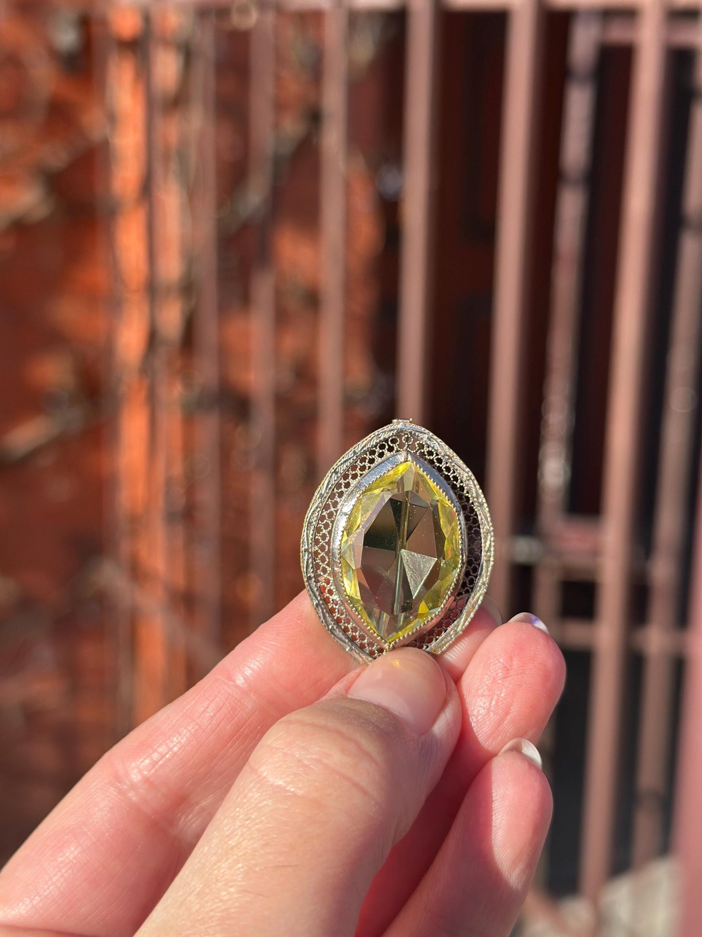 Antique Style Lemon Quartz Citrine Filligree Silver Tone Brooch