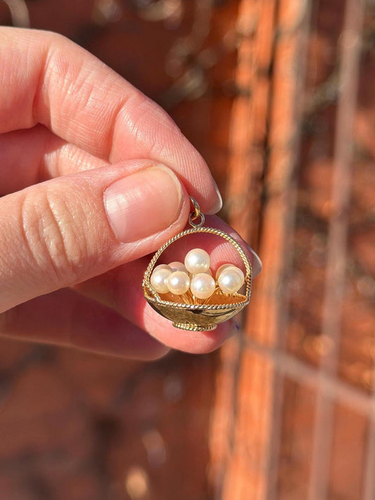 Vintage Japan MCM 14K Solid Gold and Pearl Eggs in a Basket Necklace Charm or Pendant Easter Spring Kitschy Gold Charm Unique