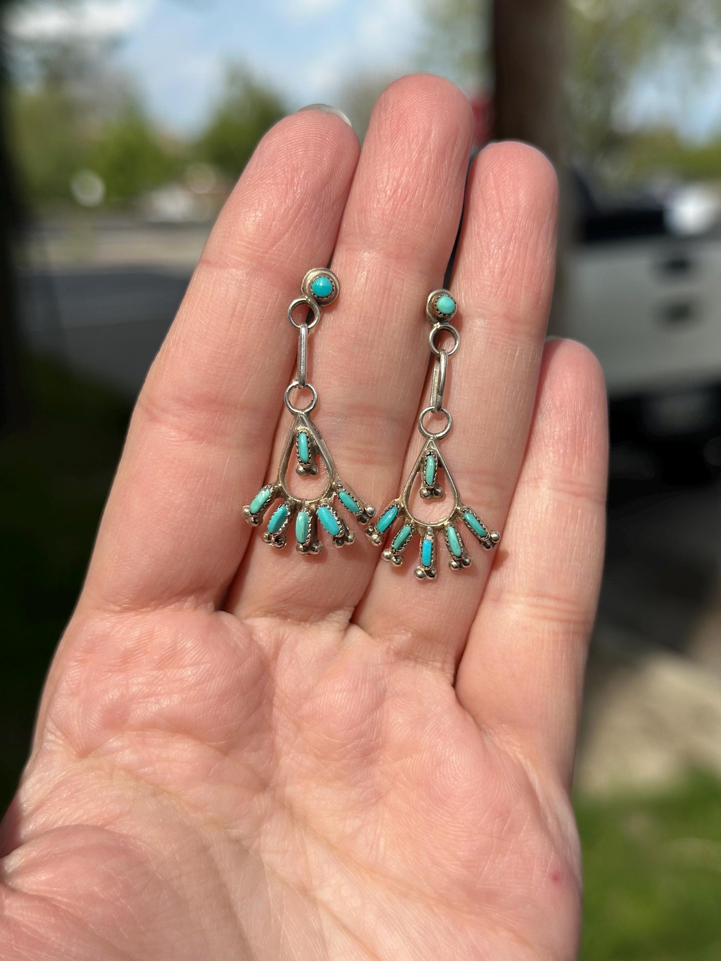 Zuni Native American Needlpoint Handmade Silver and Turquoise Petite Earrings