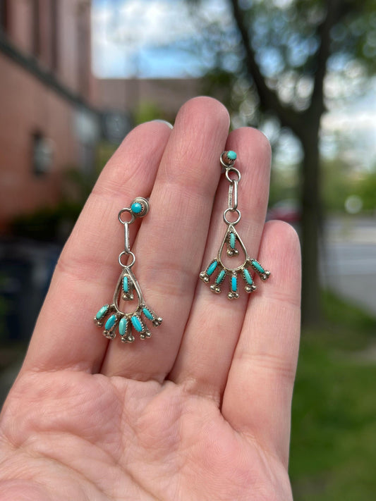 Zuni Native American Needlpoint Handmade Silver and Turquoise Petite Earrings