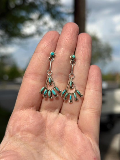 Zuni Native American Needlpoint Handmade Silver and Turquoise Petite Earrings