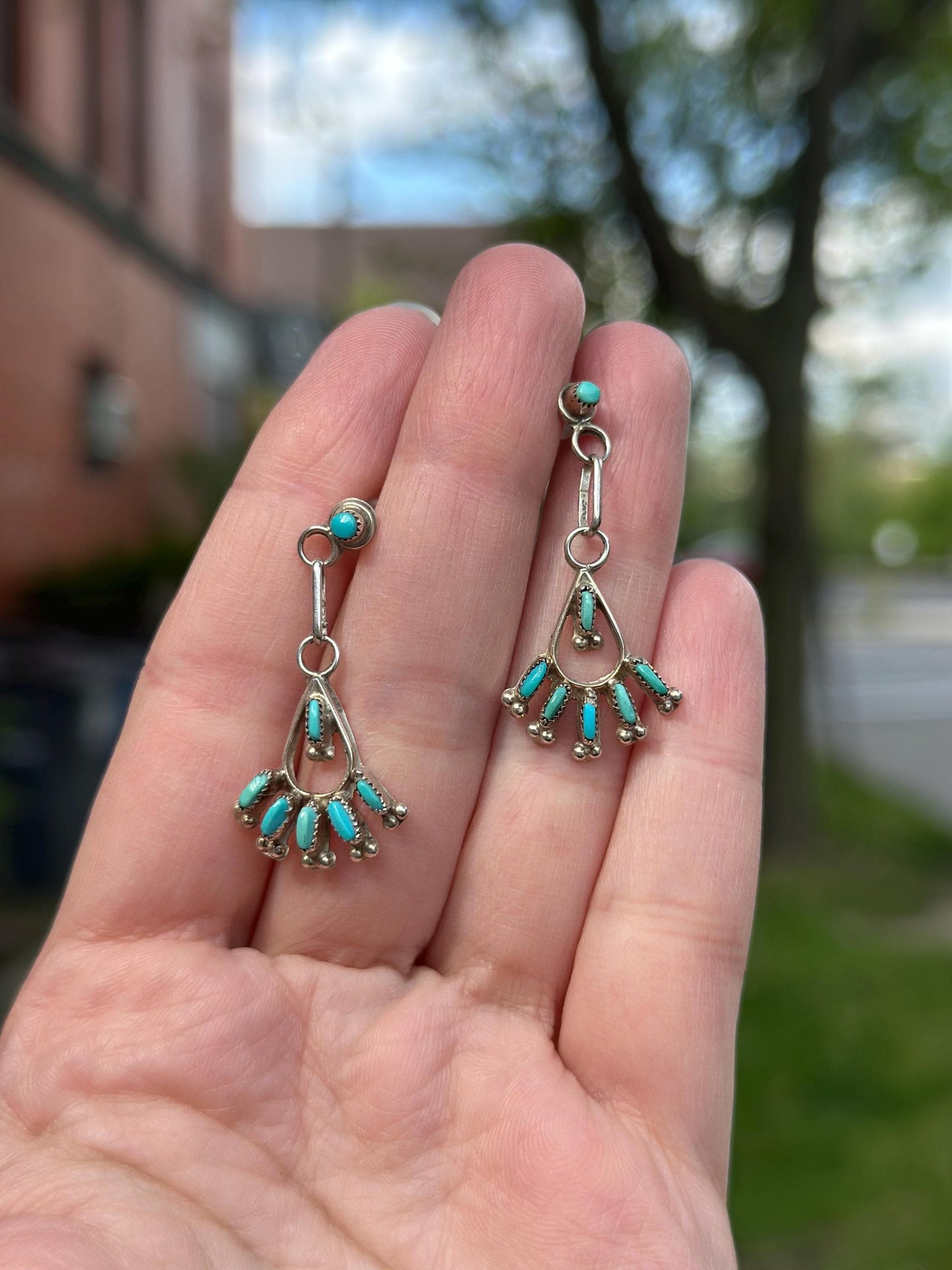 Zuni Native American Needlpoint Handmade Silver and Turquoise Petite Earrings