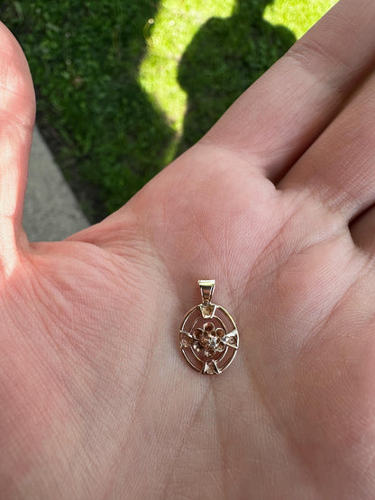 Vintage 1950's Floral Rosy Gold 14K Diamond Dainty Pendant