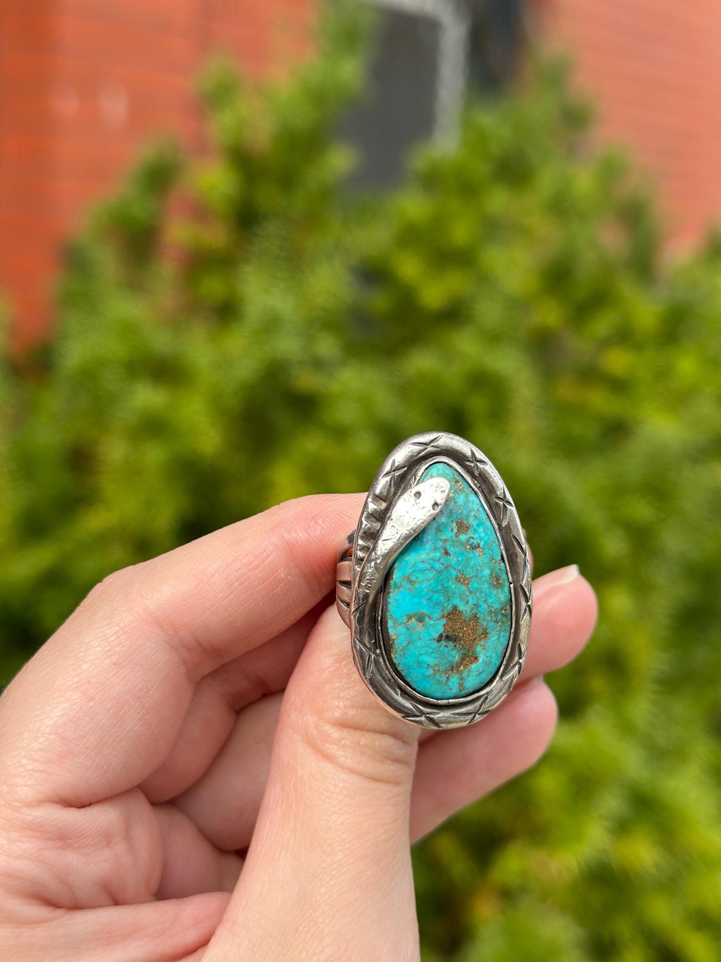 Vintage Navajo Snake Sterling Silver Huge Raw Turqouise and Sterling Silver Size 8 Ring