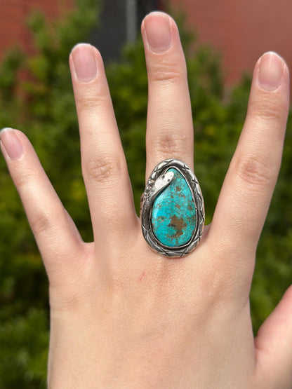 Vintage Navajo Snake Sterling Silver Huge Raw Turqouise and Sterling Silver Size 8 Ring