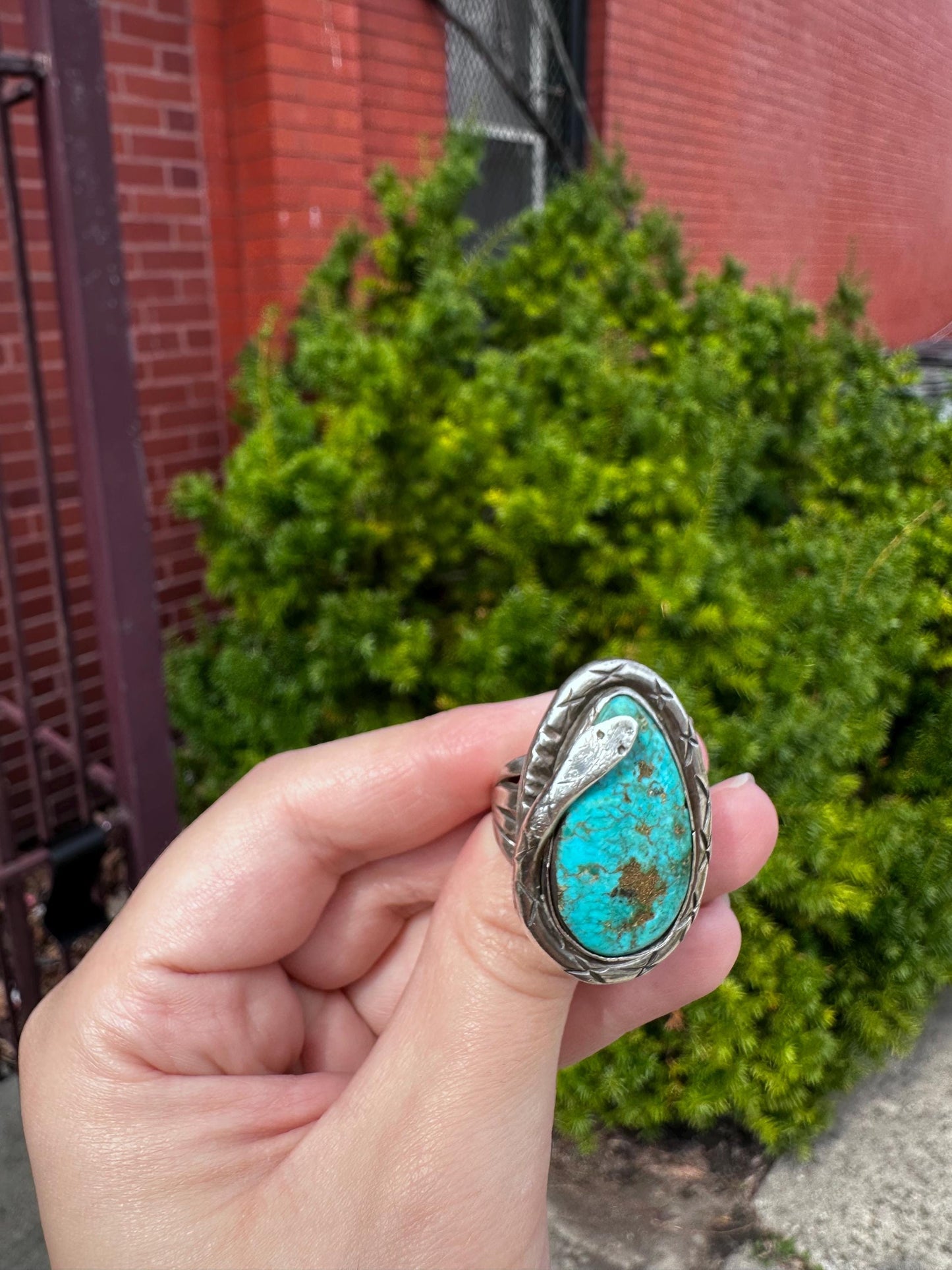 Vintage Navajo Snake Sterling Silver Huge Raw Turqouise and Sterling Silver Size 8 Ring