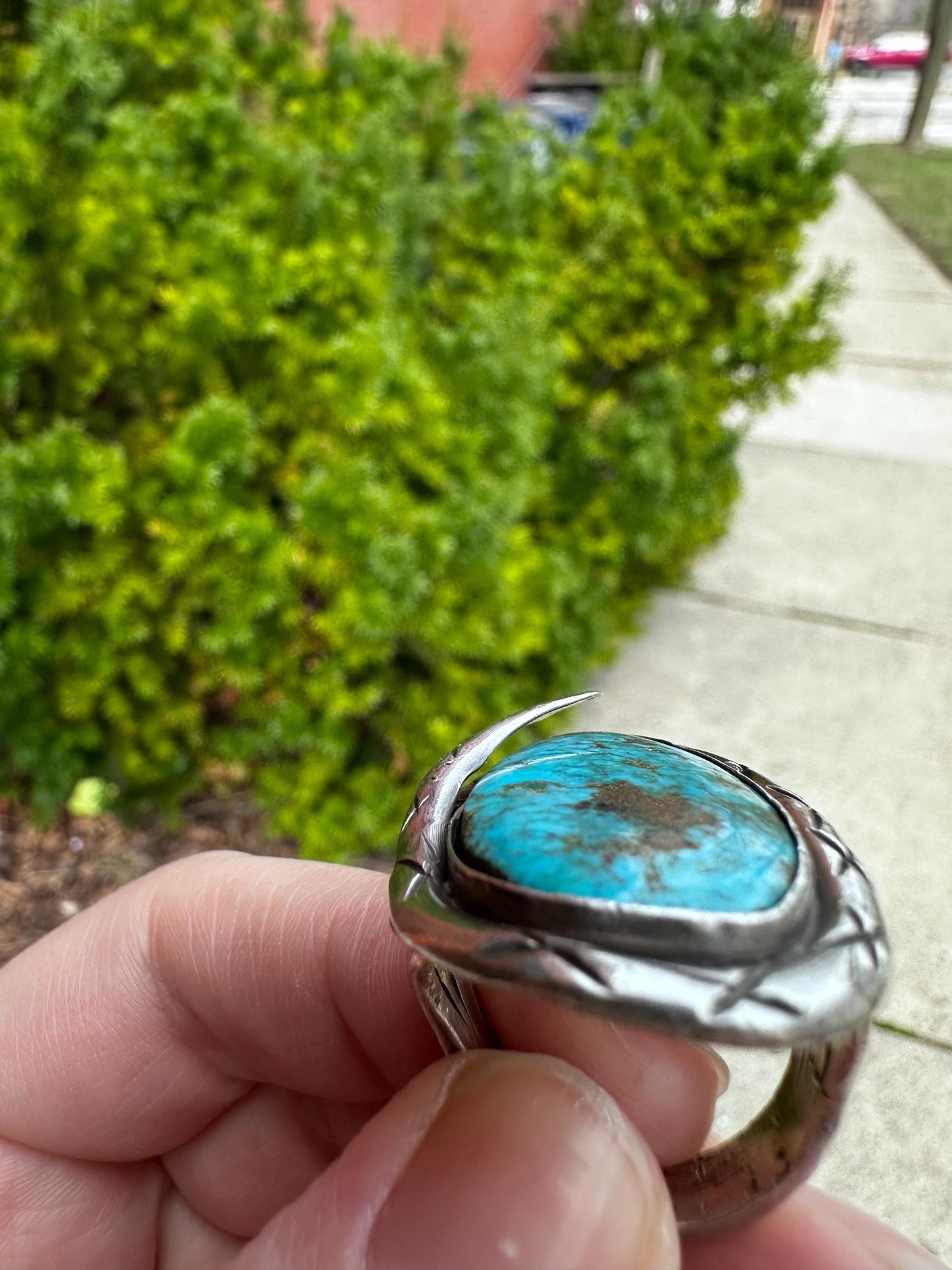 Vintage Navajo Snake Sterling Silver Huge Raw Turqouise and Sterling Silver Size 8 Ring