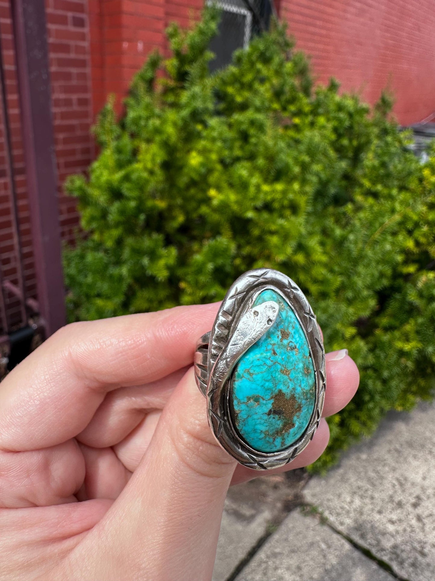 Vintage Navajo Snake Sterling Silver Huge Raw Turqouise and Sterling Silver Size 8 Ring