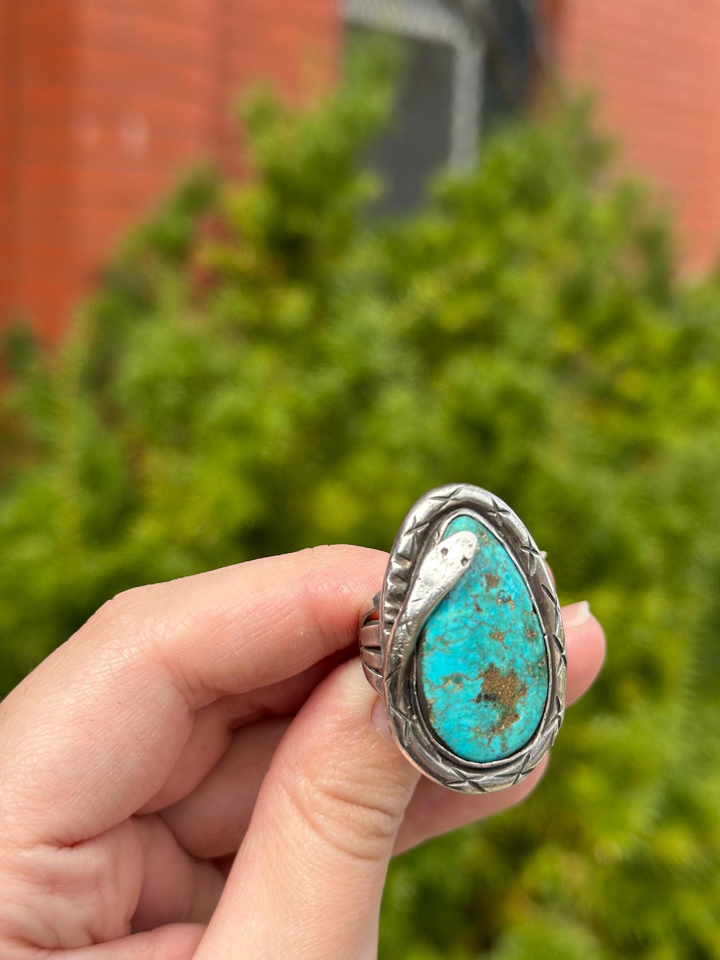Vintage Navajo Snake Sterling Silver Huge Raw Turqouise and Sterling Silver Size 8 Ring