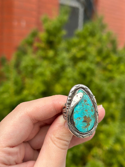 Vintage Navajo Snake Sterling Silver Huge Raw Turqouise and Sterling Silver Size 8 Ring