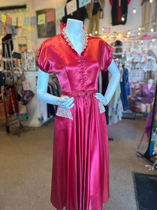 Vintage 1940's Rare Hot Pink Liquid Satin and Lace Button Up Dress As IS Size XS with Pockets