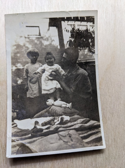 Vintage Photo Nostalgic Cute Dad And Girls With Kewpie Doll