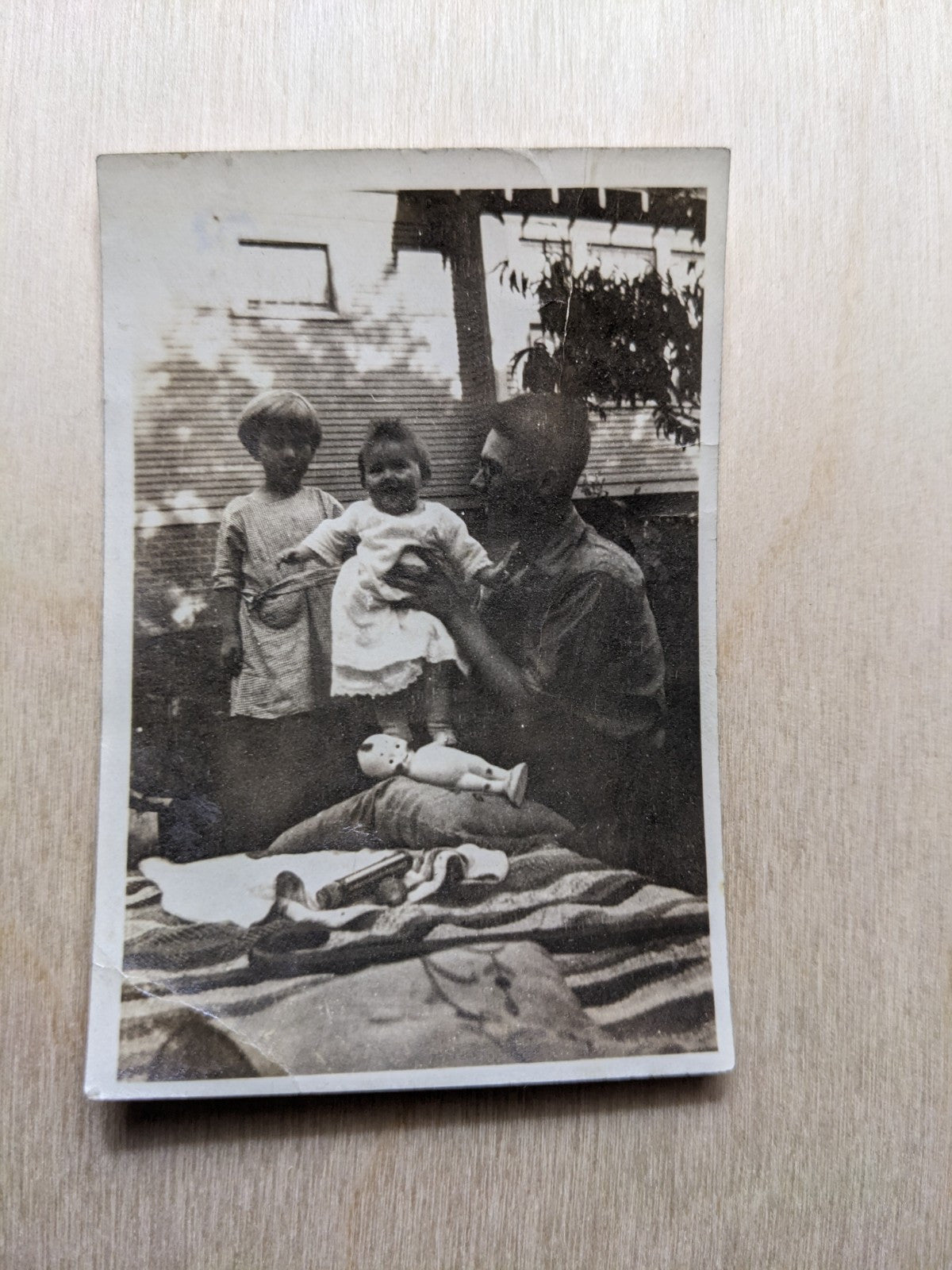 Vintage Photo Nostalgic Cute Dad And Girls With Kewpie Doll